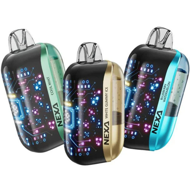 Three nexa vape devices with colorful displays on a white background